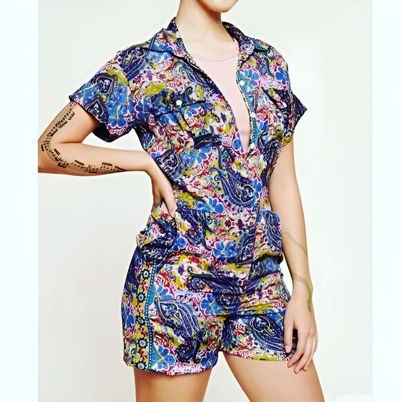 Earthbound Womens Artsy Collared Button Short Sleeve Paisley Print Romper Size L - Picture 1 of 10